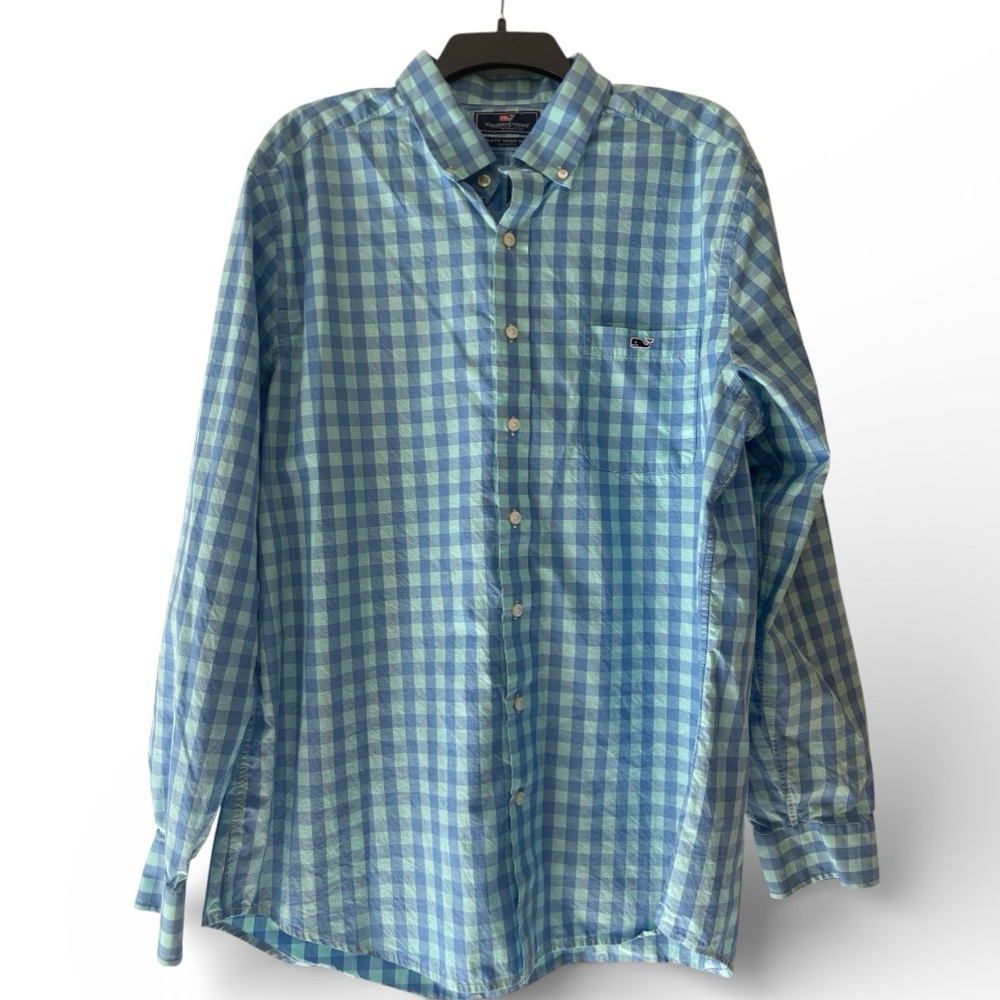 Vineyard Vines Blue Gingham Button Down Shirt Men’s XL Whale Logo Pocket